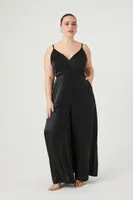 Women's Satin Wide-Leg Jumpsuit in Black, 1X