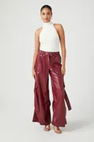 Women's Faux Leather Wide-Leg Cargo Pants in Wine Large