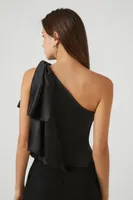 Women's Satin One-Shoulder Bow Top in Black Small