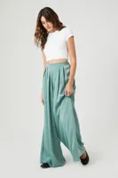 Women's Pleated Satin Palazzo Pants in Seafoam, XS