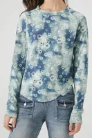 Women's Tie-Dye Floral Print Top in Blue Small