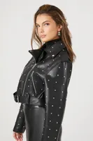 Women's Rhinestone Faux Leather Moto Jacket in Black Small