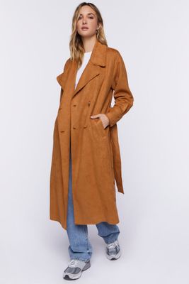 Women's Faux Suede Belted Trench Coat in Camel Large