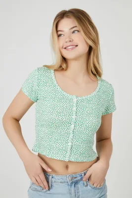 Women's Ditsy Floral Button-Front Crop Top White/Green