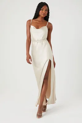 Women's Satin Leg-Slit Maxi Dress Taupe