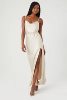 Women's Satin Leg-Slit Maxi Dress in Taupe Medium