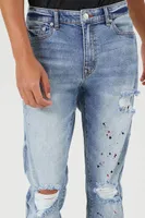 Men Distressed Paint Splatter Jeans in Dark Denim, 32