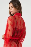 Women's Sheer Lace Lingerie Robe in Fiery Red Small