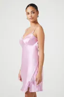 Women's Satin Lace-Trim Tie-Back Mini Dress in Pink Small