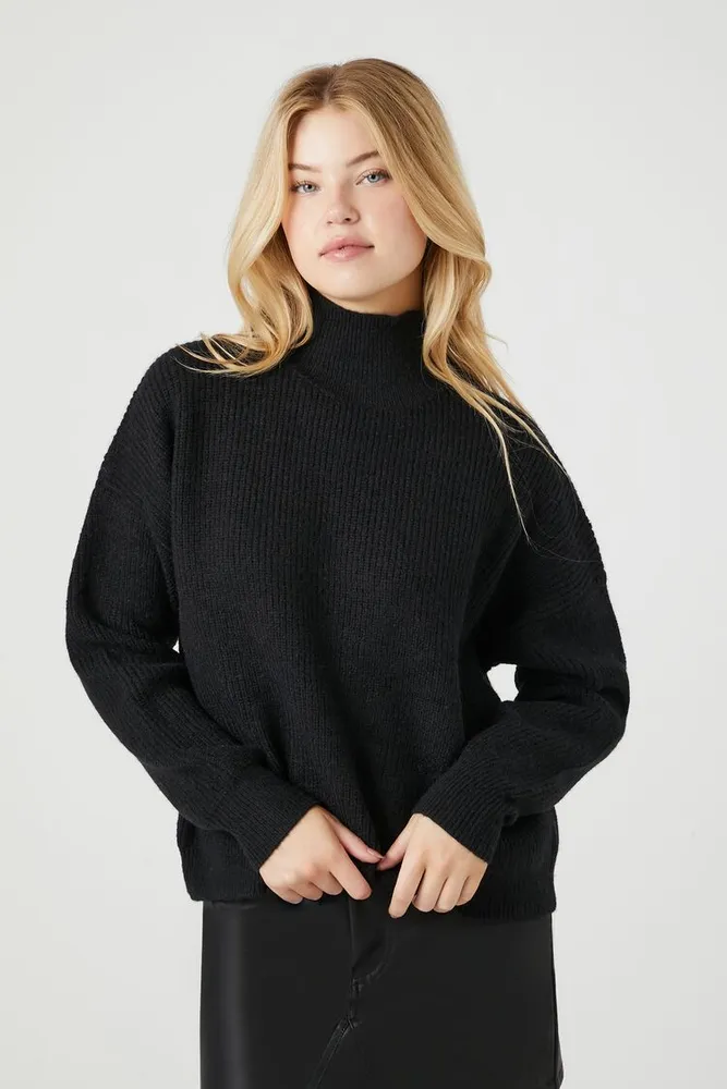 Women's Ribbed Knit Turtleneck Sweater in Black, XL