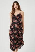 Women's Chiffon Floral Surplice Midi Dress in Black Small