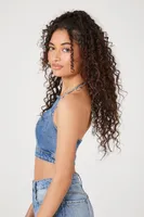 Women's Denim Halter Crop Top in Medium Denim Small