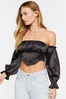 Women's Satin Off-the-Shoulder Crop Top in Black Large