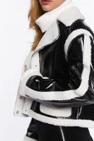 Women's Faux Shearling-Trim Button-Front Jacket in Black/White Medium