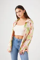 Women's Satin Floral Patchwork Shirt in Pale Peach Small