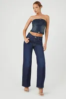 Women's Button-Front Denim Tube Top in Dark Denim Small