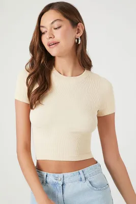 Women's Seamless Cropped T-Shirt in Cream, M/L