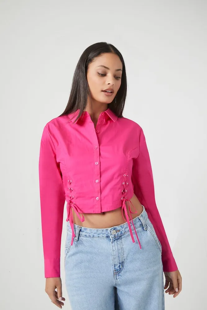 Women's Lace-Up Cropped Shirt in Fuchsia Small