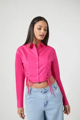 Women's Lace-Up Cropped Shirt in Fuchsia Large