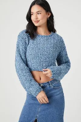 Women's Marled Knit Cropped Sweater in Dusty Blue, XL