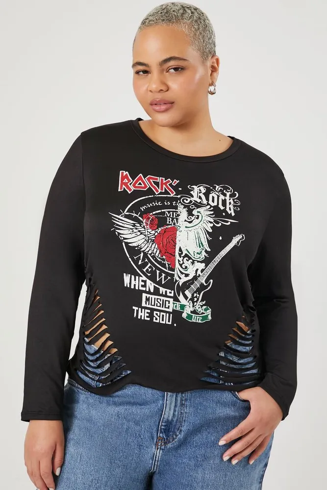 Women's Reworked Rock Graphic Top in Black, 1X