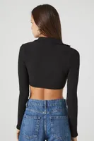 Women's Half-Zip Ribbed Crop Top in Black Small