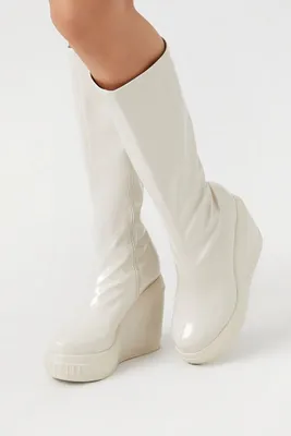 Women's Faux Patent Leather Wedge Boots in Cream, 10