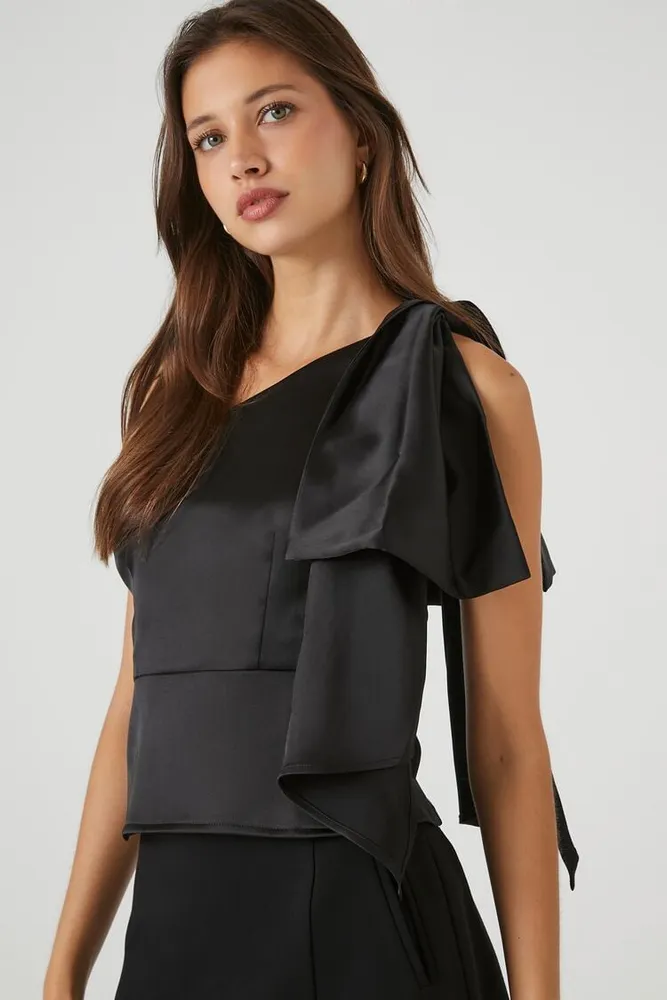 Women's Satin One-Shoulder Bow Top in Black Small