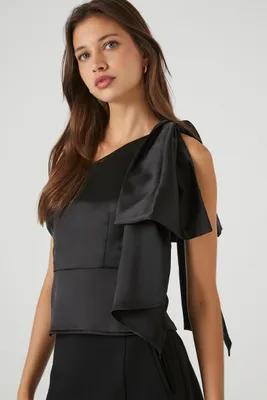 Women's Satin One-Shoulder Bow Top in Black Small