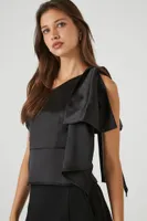 Women's Satin One-Shoulder Bow Top in Black Small