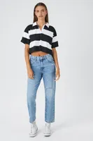 Women's Cropped Striped Polo Shirt in Black/White Small