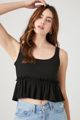 Women's Ribbed Knit Flounce Tank Top in Black Medium