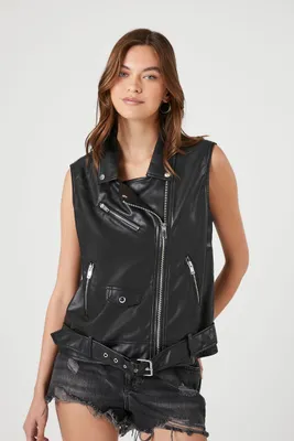 Women's Faux Leather Sleeveless Moto Jacket in Black Medium