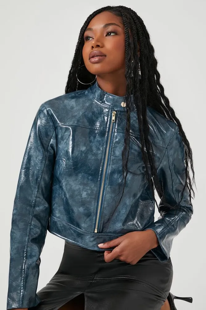 Women's Faux Leather Moto Jacket in Blue Small