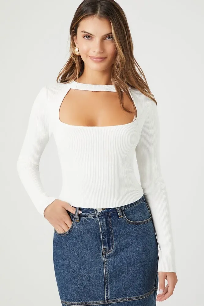 Women's Sweater-Knit Cutout Crop Top in White Large