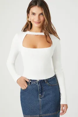 Women's Sweater-Knit Cutout Crop Top in White Large