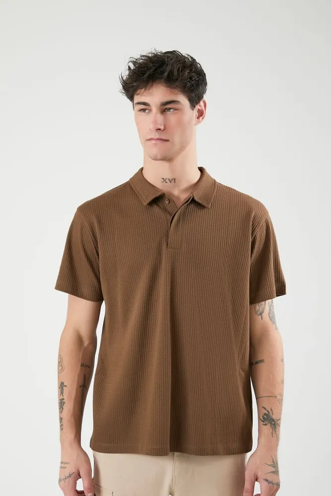 Men Waffle Knit Polo Shirt in Latte, XL