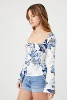 Women's Floral Print Square-Neck Top in White, XS