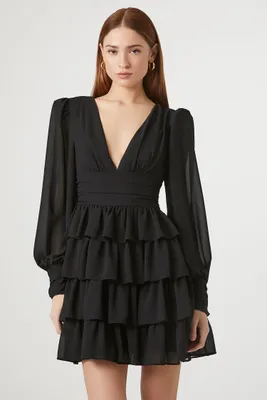 Women's Chiffon Ruffle Mini Dress in Black, XS