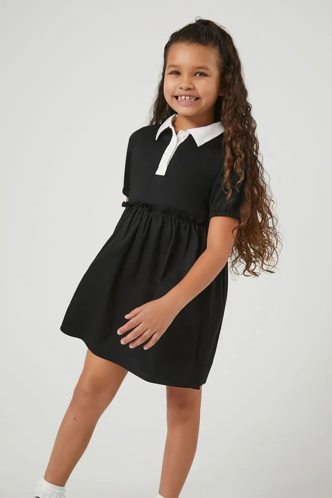 Girls Satin Shirt Dress (Kids) in Black/White, 13/14