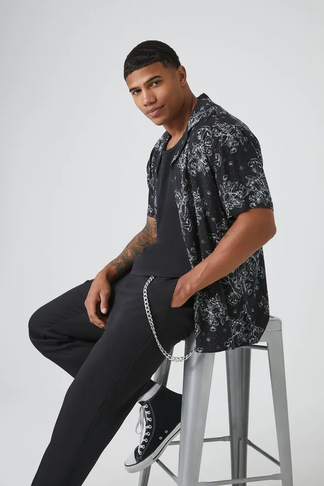 Forever 21 Men Rayon Floral Print Shirt in Black/White Large