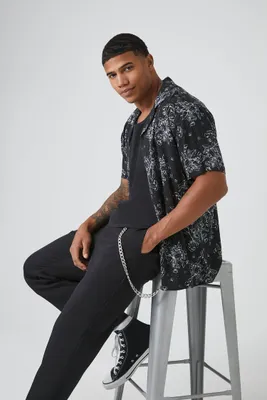 Men Rayon Floral Print Shirt in Black/White Large
