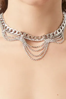 Women's Curb & Rhinestone Box Chain Necklace in Silver/Clear