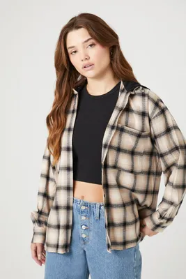 Women's Plaid Combo Flannel Shirt in Tan Large