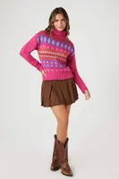 Women's Turtleneck Geo Print Sweater Pink