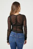 Women's Sheer Ruched Mesh Crop Top in Black, XS