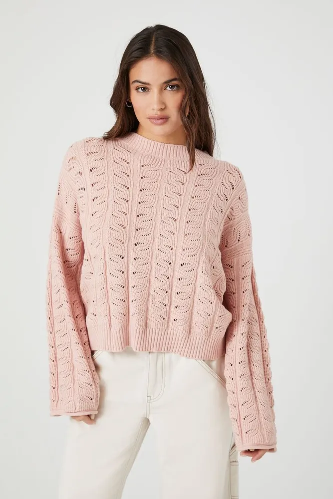 Women's Open-Knit Drop-Sleeve Sweater in Rose Small