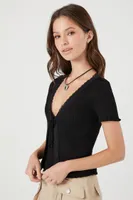 Women's Lace-Trim Sweater-Knit Top in Black Small