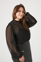 Women's Chiffon Peasant-Sleeve Bodysuit in Black, 2X