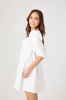 Women's Poplin Puff-Sleeve Babydoll Dress in White, XS